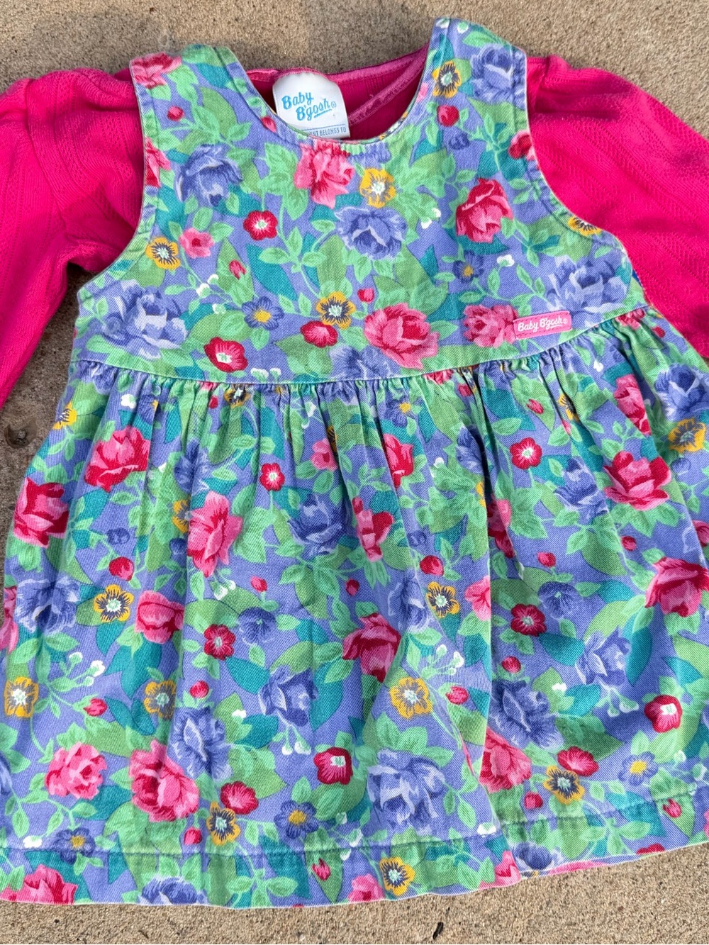 Vintage 90s Baby B'gosh Floral Pinafore jumper Dress with Pink Long Sleeve. 18m
